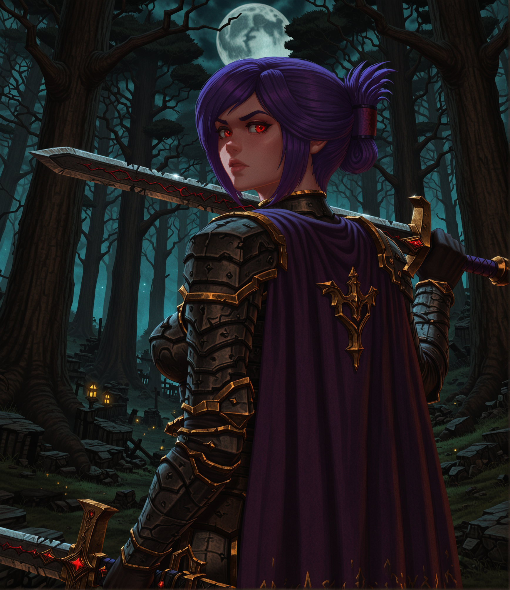 kingpin, realistic, masterpiece, best quality, amazing quality, very aesthetic, absurdres, newest, dramatic light, soft shadows, (over shoulder view:1.2), (looking back:1.2), 1girl, sabia, folded ponytail, large breasts, red eyes, purple hair, armor, cape, solo, holding sword, cliffside ruins, windblown fog, nightfall, glowing stars, full moon, forest canopy below, epic fantasy, cinematic tension, highly detailed face, <lora:dmd2_sdxl_4step_lora:1>, <lora:Kingpin_-_Life_of_Crime_Style_1.2_ILXL-000010:1>, <lora:KOD_dtv5r__for_Illustrious_v0.1__Adafactor:0.75>