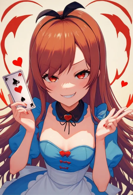 score_9, score_8_up, score_7_up, 1girl, alice in wonderland style, blue dress, detached collar, Queen of Hearts, holding card, smug grin, Ami Arakawa