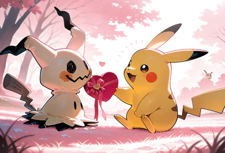 1pikachu,1mimikyu,blush,happy valentine,pink theme,grass,sunlight,(watercolor \(medium\):0.8),heart-shaped box,looking at another, very awa, masterpiece, best quality, amazing quality, very aesthetic, absurdres, newest,