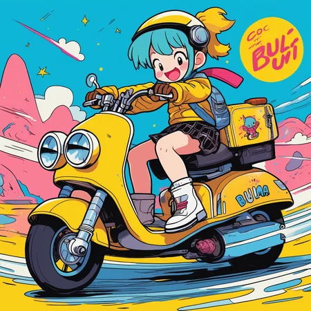 masterpiece, best quality,
cute comic, (Bulma),riding a sci-fi motorcycle, smile, motor vehicle, skirt, riding, yellow background, <lora:cutedoodle_XL:0.4>
