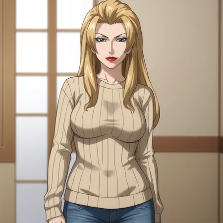 <lora:enchantressanime_pony_v1:.7> enchantressanime, 1girl, long hair, medium breasts,  lipstick, cowboy shot, sweater, jeans