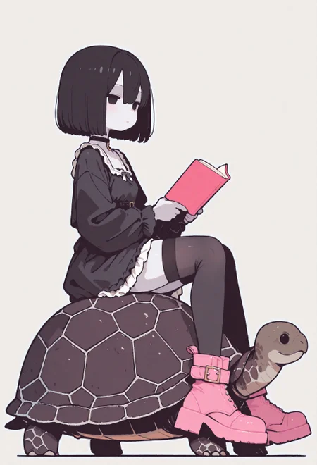 incredibly absurdres, highres, masterpiece, newest,best quality, very aesthetic, absurdres, newest, focused subject, oc-chan_(ketopon), 1girl, solo, black hair, bob cut, hair between eyes, black eyes, solid eyes, expressionless, from side, pale skin, goth fashion, frilled dress, square neckline, black thighhighs, zettai ryouiki, pink ankle boots, holding book, reading, animal, turtle, sitting, riding turtle, full body, solid white background, no lineart, no outline,minimalism, blending, flatline