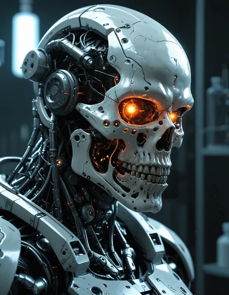 Cyberpunk, sci-fi, dark-fantasy, kodak portrait 400, 8k, soft light, volumetric lighting, highly detailed, britt marling style 3/4, portrait photo of a war man cyborg robot in a chemical laboratory + face, face is skullbone with scares, intricate, elegant, highly detailed, devil-armor, 2D motifs detailed dark fantasy digital painting, artstation, concept art, smooth, sharp focus, illustration, art by Otomo Katsuhiro and ShirÅ Masamune and Oshii Mamoru. Cosmic light in backfront