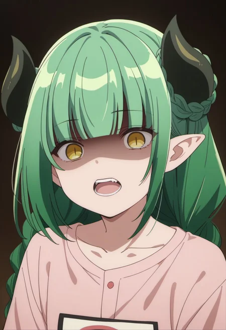 score_9, score_8_up, score_7_up, source_anime, valefor, green hair, long hair, yellow eyes, braid, demon horns, 1girl, solo, open mouth, horns, collarbone, anime coloring, pointy ears, pink shirt, blunt bangs, shaded face, teeth, demon girl