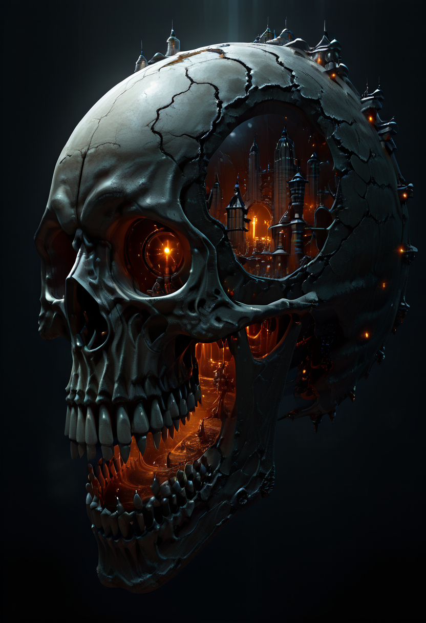 masterpiece, best quality, no humans,   ,<lora:SkullWorld_IXL:1.0>,  zzSkullWorld, a gargantuan fusion of a skull and a medieval castle, floating in the boundless void of space. The skull's hollow eye sockets are now intricately designed towers, with darkened windows and flickering torches lighting up the eerie blackness. Atop the skull's crown, turrets rise like jagged spires, adorned with banners that flutter in the vacuum of space. Massive battlements wrap around the skullâs massive jaw, where cannons and docking bays are embedded into its teeth. The castle's stone walls seem to grow from the very bone of the skull, with spiraling staircases carved into its eye sockets, leading to domed observatories and turrets that offer sweeping views of the surrounding nebulae. A faint purple glow emanates from the castle's interior, casting long shadows across the skull's skull-shaped silhouette against the backdrop of distant stars.