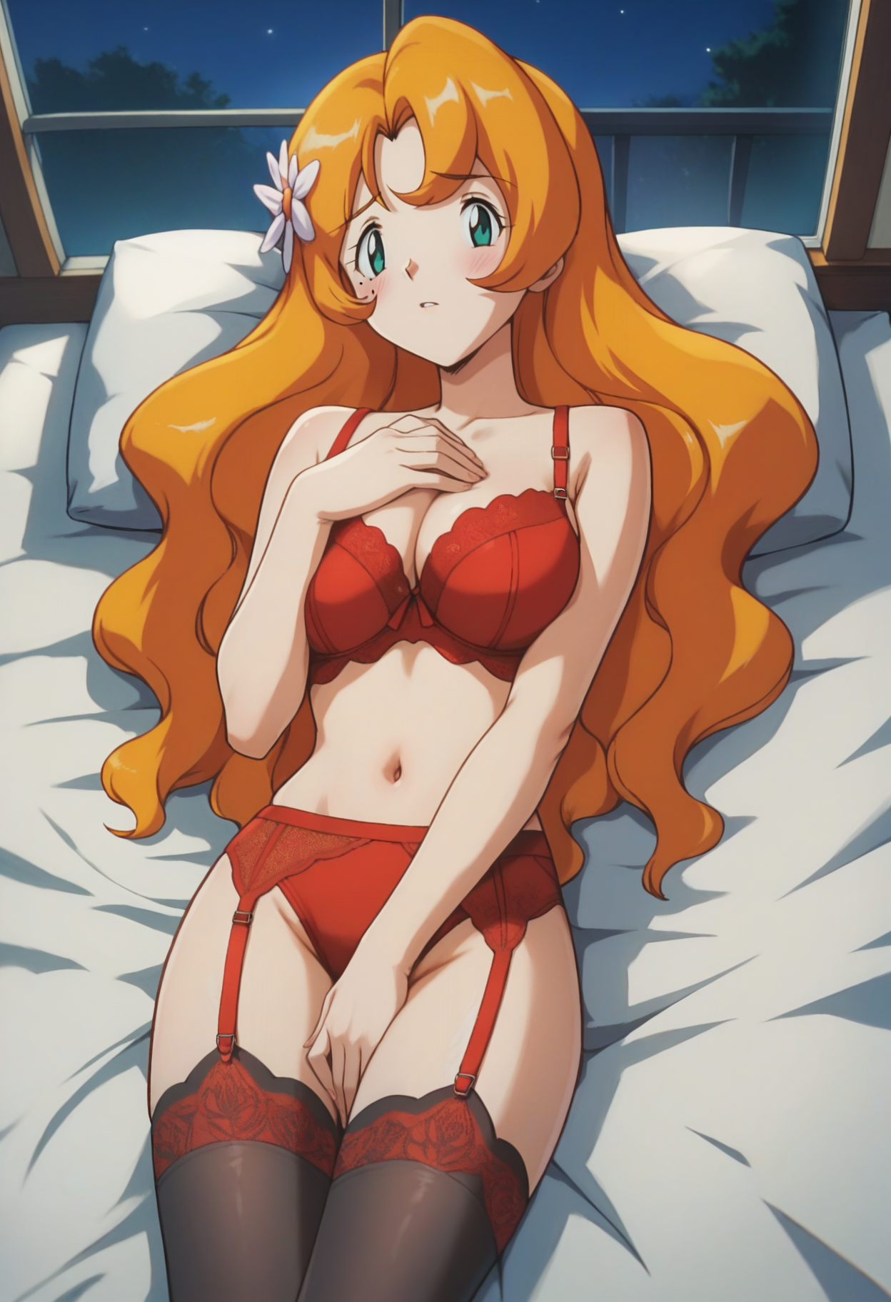 score_9, score_8_up, score_7_up, score_6_up, <lora:PMDaisy:0.9>, PMDaisy, green eyes, mole under eye, bangs, long hair, orange hair, wavy hair, hair ornament, hair flower,
red lingerie, red garter straps, black thighhighs,
looking at viewer, blush, hand on own crotch, hand on own chest, lying, on bed, from above, 
BREAK night sky, night, dim lighting, bed, indoors, window,