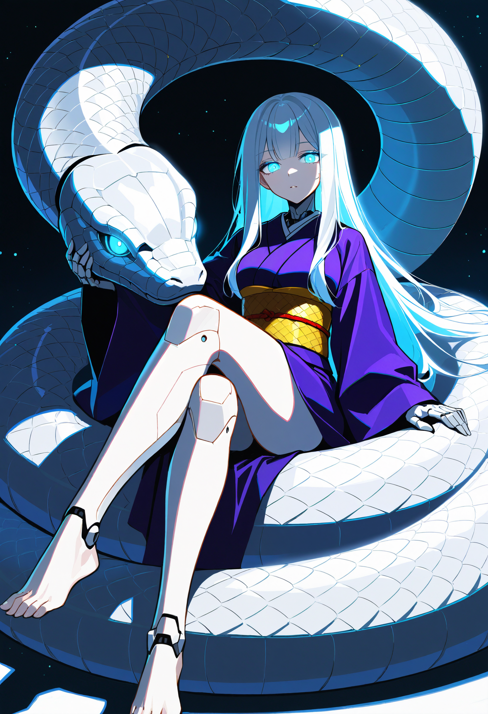 dappled light, light particles, dramatic shadows, cinematic lighting, 1girl, reflective eyes, robot, white_skin, white hair, glowing eyes, blue eyes, crossed legs, giant snake, long hair, oversized animal, snake, looking at viewer, Petting snake, luminescent scales, white scales, android, barefoot,purple kimono,