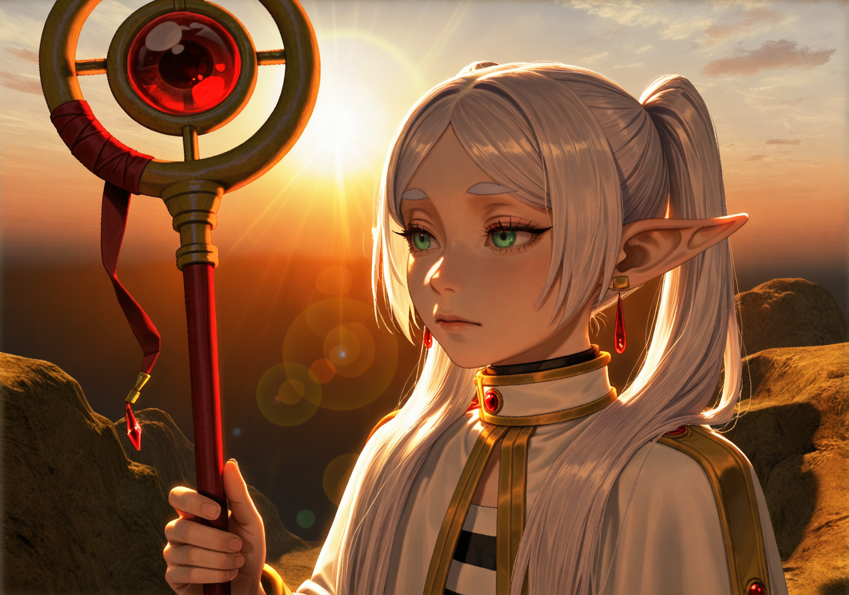 masterpiece, realistic, scenery, sunset, clouds, sun beams, lens flare, 1girl, solo, frieren, long white hair, green eyes, white cloak, gold trim, soft expression, (holding magical staff:1.3), upper body close-up, looking slightly to side, warm lighting, soft shadow across face, <lora:POSTAL_2_Style_Lora_V1.0_ILXL_DIM16_E10:1> <lora:dmd2_sdxl_4step_lora:1>