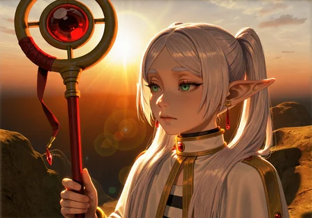 masterpiece, realistic, scenery, sunset, clouds, sun beams, lens flare, 1girl, solo, frieren, long white hair, green eyes, white cloak, gold trim, soft expression, (holding magical staff:1.3), upper body close-up, looking slightly to side, warm lighting, soft shadow across face, <lora:POSTAL_2_Style_Lora_V1.0_ILXL_DIM16_E10:1> <lora:dmd2_sdxl_4step_lora:1>