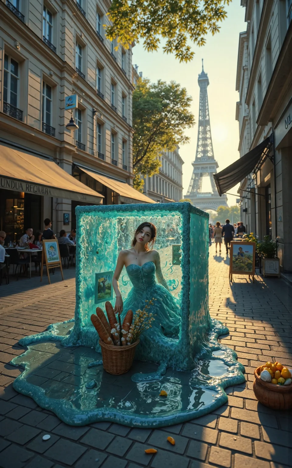 famous artwork, atmospheric and detailed impressionist painting of a large translucent cyan gelatinous cube in the heart of paris, its shimmering gooey surface softly reflecting the colors of the city, the cube is oozy and shifting as it curiously explores the cobblestone streets of the big city, it has engulfed several objects like paintings, a basket with baguettes, and a vase with wildflowers, all of which can be seen floating and slowly dissolving in its acidic gel, creating tiny bubbles around them, iconic parisian buildings like cafés and art galleries line the streets around the cube, a soft golden sunlight filters through the trees, casting dappled light on the scene, the distant eiffel tower looms gently in the background, blending into the hazy impressionist style, the atmosphere is dreamy and whimsical, with soft brushstrokes capturing the fluid movement of the cube and the vibrant energy of the city, highly detailed background,
XUER INS style,1girl,solo,looking at viewer,extremely beautiful skin,natural skin texture,big breasts,earrings,
highly detailed,ultra-high resolution,32K UHD,sharp focus,best-quality,masterpiece,unconventional supreme masterpiece,masterful details,depth of field,blurry background,blurry foreground,motion blur,going really fast masterpiece,deep focus,
color graded cinematic,atmospheric lighting,award film grain,A shot with tension,(Visual impact,giving the poster a dynamic and visually striking appearance:1.2),impactful picture,
ultra-realistic,high dynamic range,photoreal,epic realistic,dark shot,shadows,(This is a real high-definition photo:1.1),with professional photography and high resolution,
contrast,layered colors,vivid colors,contrast,offcial art,movie perspective,very aesthetic,disheveled hair,perfect composition,intricate details,moody,epic,photorealistic,
intricate details,soothing tones,high contrast,natural skin texture,soft light,sharp,masterpiece,best quality,(ray tracing),sunlight,insanely interplay between lights and shadows,