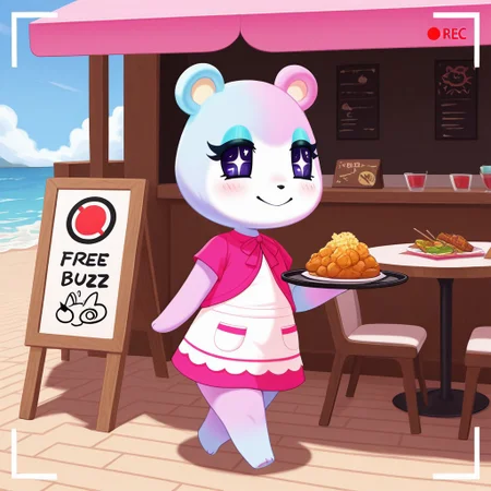 best quality, masterpiece, Full Body, Romantic, Small, Body, Furry, judyac, animal crossing, 1girl, solo, furry, bear, two-tone fur, light pink fur, light blue fur, white muzzle, purple eyes, star pupil, blush, blue eyeshadow, pink dress, beach, restaurants, serving food, carry tray, walking, outside lobby, board walk, beach chair, beach table, umbrella, recording, sign of buzz, sign said buzz sign writing say buzz, smile, holding a sign, sign said " free_buzz_food", writing buzz