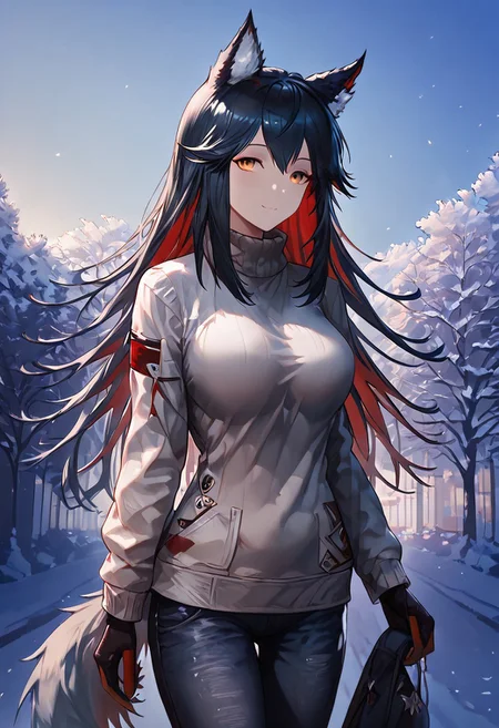 1girl, texas (arknights), female, young, wolf girl, wolf tail, wolf ears, animal ear fluff, amber eyes, multicolored hair, black hair, red inner hair,  (slender body:1.2), (medium breasts:1.2, round breasts, perfectly shaped breasts), (wide breasts:1.4), sweater, denim pants, happy, park, taut clothing, extremely tight shirt, inviting expression, side view, dutch angle, dark eyeliner, winter colors, (low-angle view:1), walking down a path, wearing mittens on hands, (petite body:1.4), 
score_9, score_8_up, score_7_up, (masterpiece, best quality, very aesthetic, ultra detailed), intricate details, beautiful face, detailed eyes, detailed background, granblue_fantasy_style_xl, expressiveh, light from above,