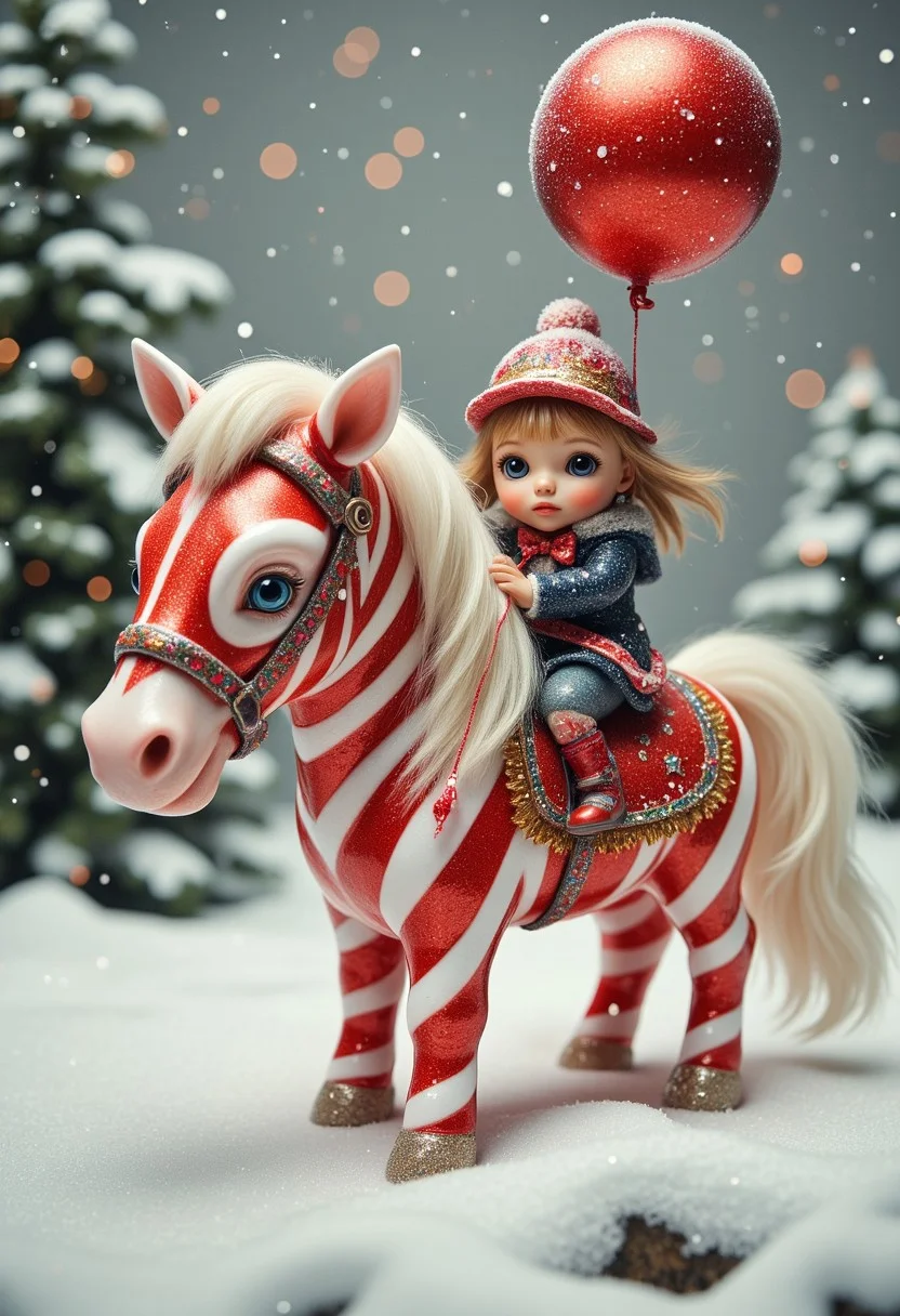 greeting card style captures redglitter Christmas essence, balloon, pony made out of candycane, whimsical, chibi, kawaii, pastel colors watercolor, in the style of Gorjuss, Joan Walsh Anglund, margaret keene, charlie bowater, soft-focus and diffused lighting akin to Paolo Roversi, imbued with Tim Burton's macabre touch, Kris Kuksi-like intricate background detail, digital painting, ultra-detailed, cinematic.