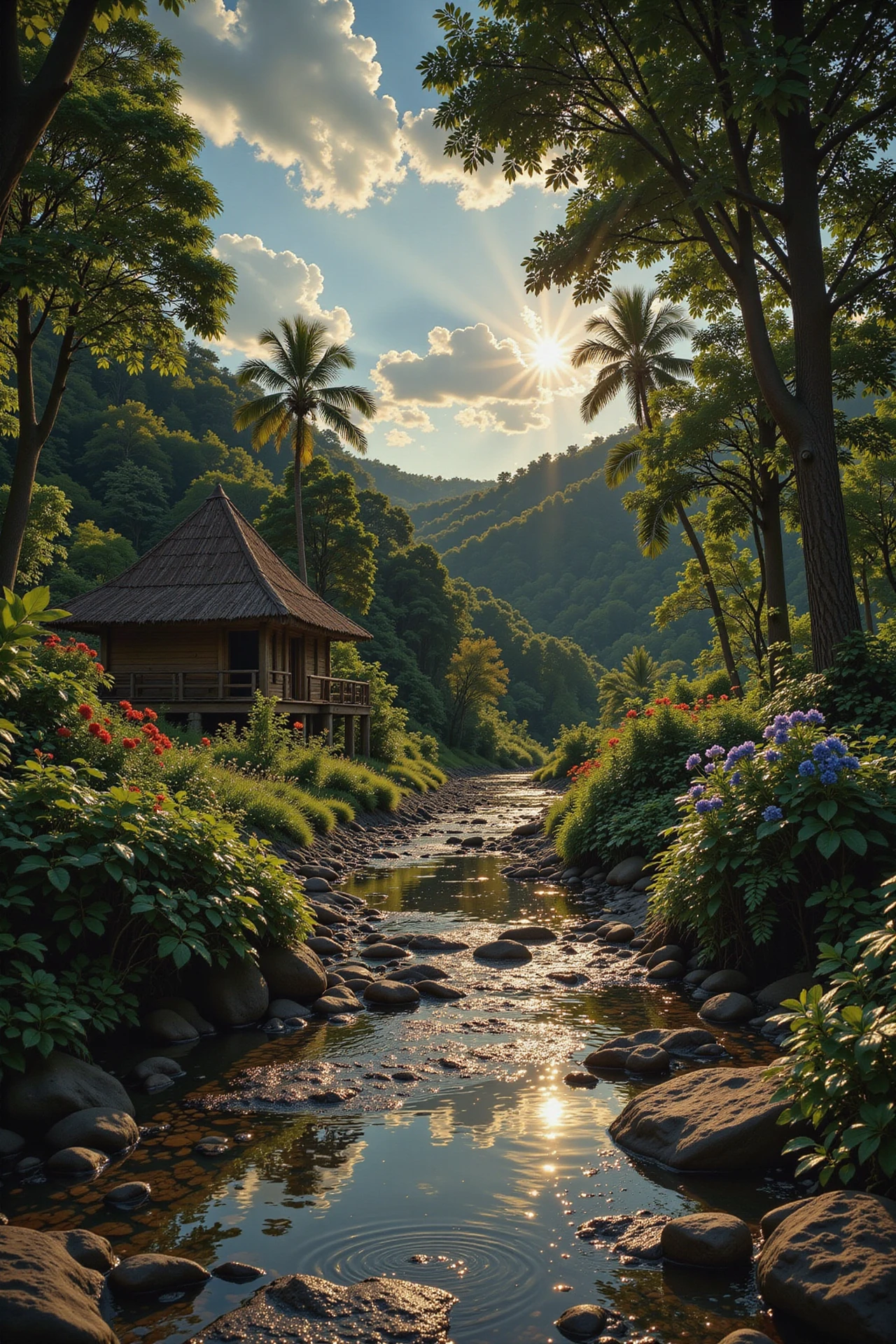 photo, photography, Fujifilm XT3 Viltrox, ((very detailed)), sharp focus, sharp background, best quality, dusk ,beautiful landscape, rainforest, jungle, sacred earth, stream, water ripples reflections, (small river pond), rainforest, hut, tribal amazon village, stunning nature environment, (bright sunny sky), high contrast, cinematic (lights), backlight, shadows, vibrant colors, colorful, Ash Gray flowers, leaves, <lora:Anti-Blur:1> <lora:Insane Detail Slider:0.5>  <lora:Flux.1_Turbo_Detailer:0.6> <lora:flux.1_lora_flyway_Epic-detail_v2:0.6>
