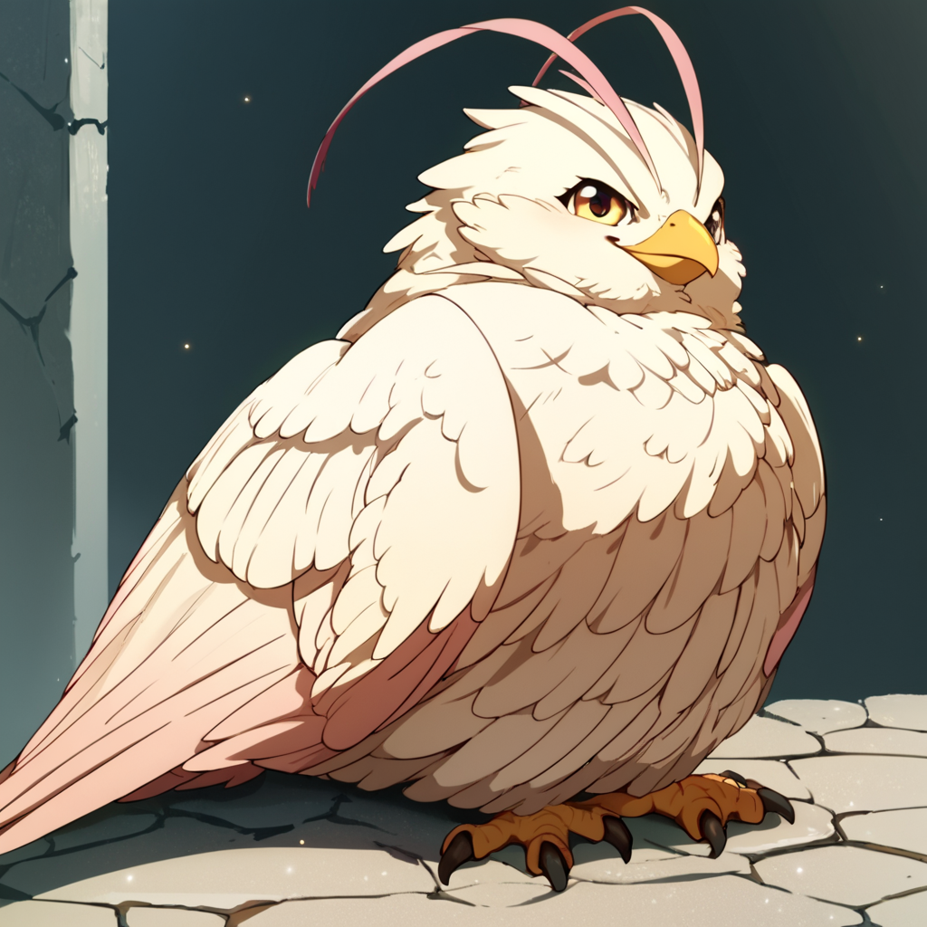 score_9, score_8_up, score_7_up, score_6_up, score_5_up, score_4_up, source_anime,  Filo_Bird, feral, feathered wings, feral, , smirk, sitting, portrait