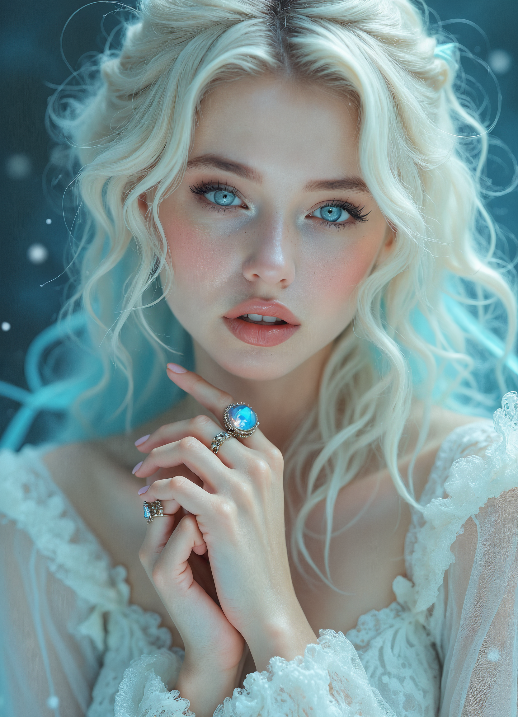 Hyper-realistic glamour portrait of an ethereal woman with an otherworldly aesthetic. Her makeup is delicately applied to enhance her fairy-like features. Eyes are accentuated with a subtle, shimmering pastel eyeshadow that complements her striking ice-blue irises. Lashes are long and feathery, creating a dreamy gaze. Her complexion is porcelain-like, with a luminous finish that gives her skin an almost translucent quality. A soft, rosy blush graces her cheeks, while her lips are tinted a delicate pink, appearing slightly parted and dewy.
Her hair is a mesmerizing cascade of platinum blonde waves, artfully tousled and voluminous. Streaks of pastel colors - soft teals, lavenders, and pale pinks - are woven throughout, creating a magical, multi-toned effect. The hair texture is captured in exquisite detail, from the silky sheen to the individual strands catching the light.
She wears a diaphanous, off-white gown with intricate lace detailing. The neckline is adorned with delicate, gossamer-like ruffles that frame her collarbones. Sheer, billowing sleeves add to the gown's romantic allure. A pale blue ribbon, tied in a dainty bow, is visible at the sleeve, enhancing the fairytale-inspired look.
Her hands are clasped gently near her face in a pose of quiet contemplation. On one finger, she wears an ornate ring featuring a large, iridescent stone that seems to change color in the light.
The lighting is soft and diffused, bathing the scene in a dreamy, pastel glow. Cool tones dominate, with subtle shifts between blues, pinks, and lavenders, creating an almost surreal atmosphere. Every detail is captured with crystalline clarity - from the individual eyelashes to the intricate lace patterns of her gown.
The overall effect is a captivating blend of high-fashion editorial and fantastical portraiture, embodying an air of delicate beauty and otherworldly grace.