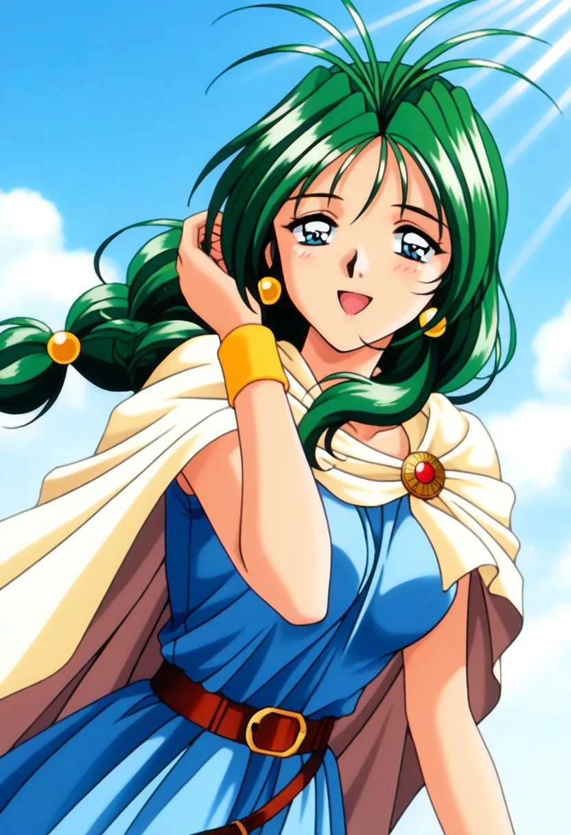 masterpiece, best quality, amazing quality, very aesthetic, high resolution, 1girl, cowboy shot, anime-style, digital art, high resolution, cute girl, smiling, sunlight, bright, clear sky, blue sky, clouds, daytime, outdoor, wind blowing her hair, dynamic pose, cheerful mood, light reflections, detailed background, high quality, beautiful, attractive, light rays, bright lighting, sky, joyful, happy, energetic, bright atmosphere, detailed shading, anime aesthetics, vibrant, lively, braid, jewelry, belt, cape, blue dress, wristband, retro artstyle, 1990s \(style\),
clairemm, blue eyes, green hair, antenna hair, long hair, low-tied long hair, hair bobbles, medium breasts, mature female,