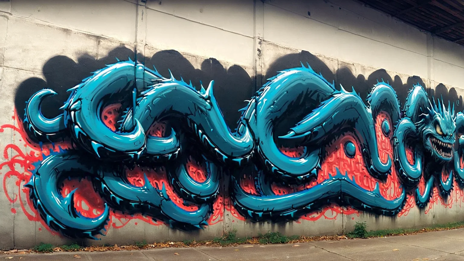 Graffiti of a monstrous creature on a concrete wall in an alley <lora:bBackground:1.3>