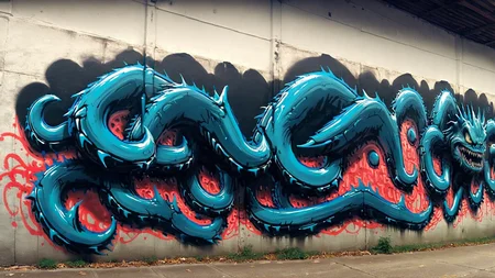 Graffiti of a monstrous creature on a concrete wall in an alley <lora:bBackground:1.3>