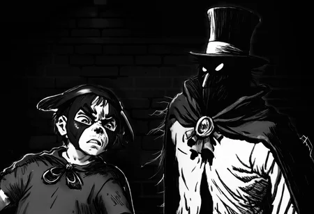 ASCIIlineart, a 14-year-old Dogboy teen looks up at a supervillain with anger on his face, black and white lineart <lora:pen-art:1.4>