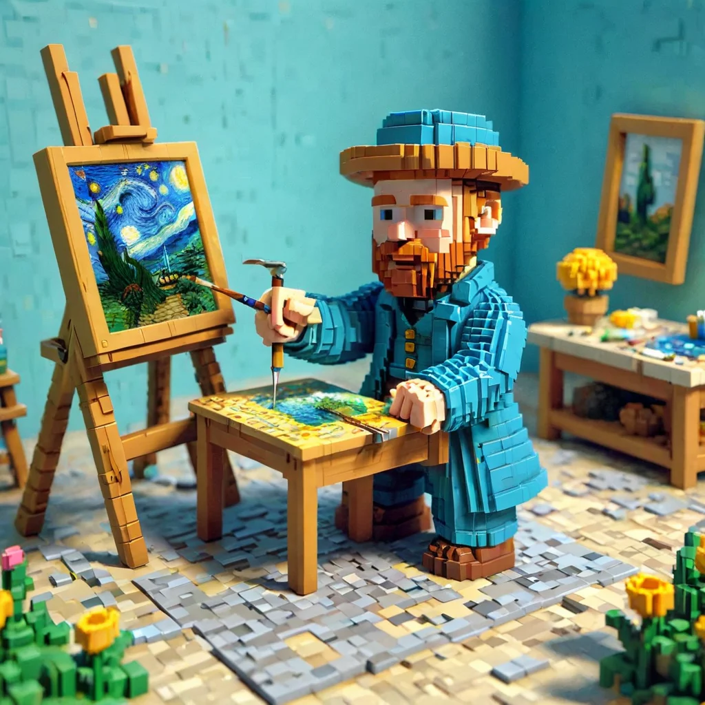 voxel style, van gogh working on a painting , <lora:ral-vxl:1>
