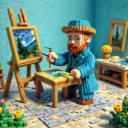 voxel style, van gogh working on a painting , <lora:ral-vxl:1>