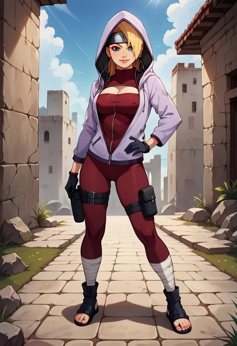 YodoBNNG, 1girl, solo, fair-skinned girl, blonde hair, long hair, unruly hair, hair between eyes, hair over one eye, large bang, forehead protector, dark blue eyes, lips, large breast, cleavage cutout, clothing cutout, hood, hoodie, jacket, half-unzipped hooded light purple jacket, dark red full-body suit, black gloves, sandals, toeless footwear, earbuds, bandages around her ankles, bandages right thigh, makeup, thigh pouch,
seductive pose, sexy pose, tease, in the spotlight,,
smile,ruins,hand on hip,
score_9, score_8_up, score_7_up, beautiful aesthetic, very intricate, high quality details,vibrant, highly detailed, award-winning, professional,anime artwork, anime style, studio anime, athletic, curvy body, athletic girl, perky tits,large breast,perfect tits, round breasts, nipple outline,looking at viewer, pinup pose,teasing, dynamic lighting, cinematic, smug, better than you, aura of temptation, highly detailed, high resolution, masterpiece, detailed clothes, detailed background, highly detailed, ((sound effects)) comic layout,