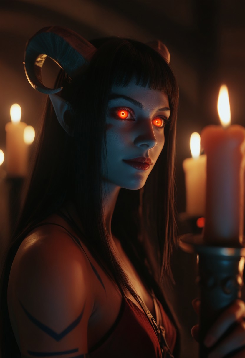score_9, score_8_up, score_7_up, score_6_up, cinematic, cinema shot, film grain, depth of field, 1girl, portrait, beautiful, tiefling shaman, black hair, (long hair:1.3), side bangs, horns, barbarian, gladiator, war paint, tribal markings, long tail, blue skin, red lips, red eyes, glowing eyes, (smug:0.85), dramatic lights, detailed, highlights, boke, (dark:1.2), candlelight