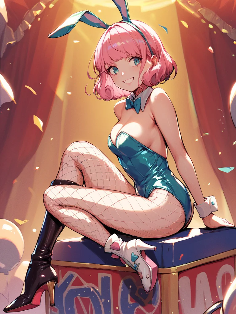 score_9,score_8_up,score_7_up,source_anime,1girl,<lora:pony_circus:1>,circus,smile,pink hair,bob cut,playboy bunny,fishnets,sitting on box,high heel boots,from side,