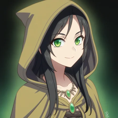mana_sk style, portrait, focus on face, a daring city rogue woman with short, sharp black hair and cunning green eyes, wearing a dark hooded cloak and a necklace of stolen jewels, her sly smile illuminated by flickering lanterns, faint outlines of a bustling medieval marketplace in the twilight behind her, Japanese RPG style, mysterious and mischievous atmosphere, intricate details on her cloak and necklace
