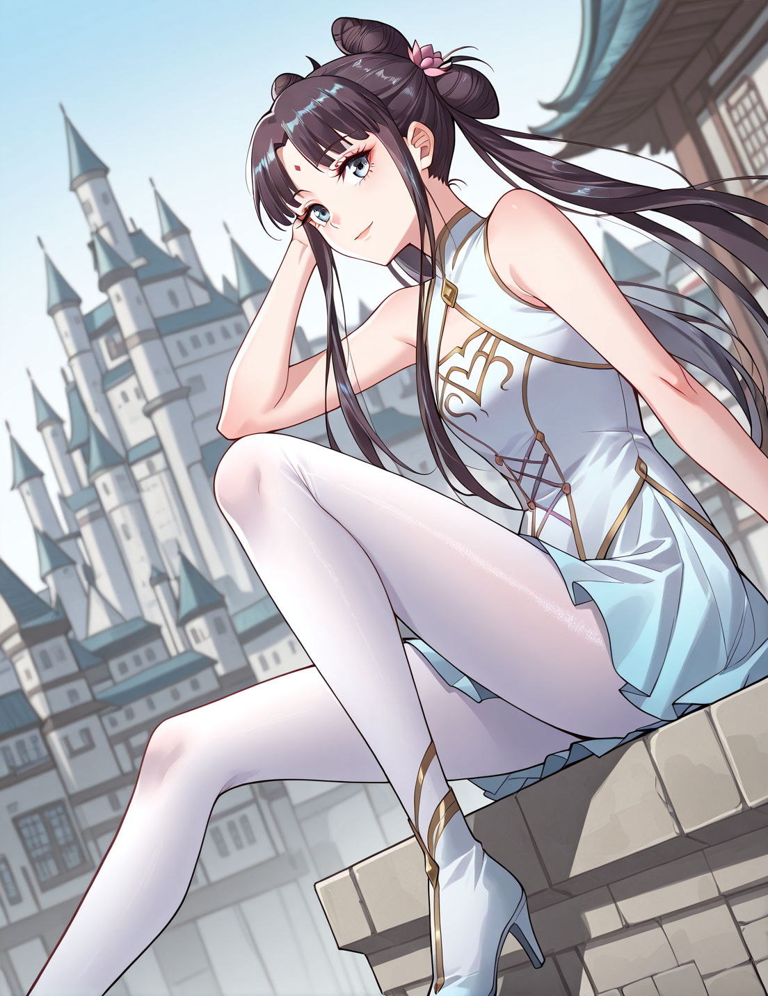 <lora:Gu_Xianer:1>
1 girl, solo, long hair, black hair, twintails, long hair, hair bun, bangs, sidelocks, double bun, blue eyes
chinese dress, forehead mark, skirt, high heels, bare shoulders, white pantyhose, sleeveless, hair flower, hair ornament
score_9, score_8_up, score_7_up, very aesthetic, source_anime, detailed, high quality, beautiful, masterpiece, detailed eyes, castle, village, blurry background, cityscape, pose dynamic angle, light smile, open mouth, hand on hair, sitting