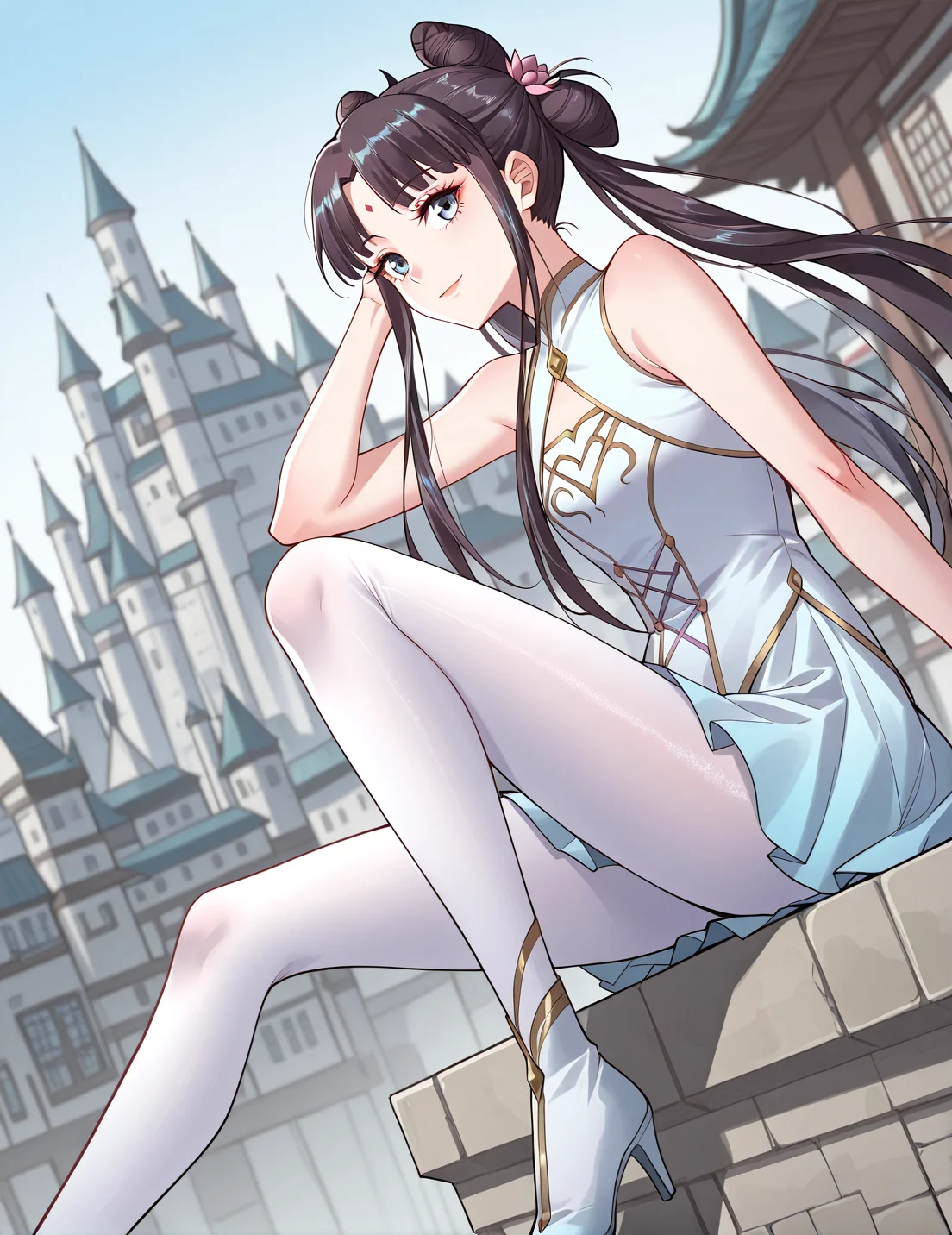 <lora:Gu_Xianer:1>
1 girl, solo, long hair, black hair, twintails, long hair, hair bun, bangs, sidelocks, double bun, blue eyes
chinese dress, forehead mark, skirt, high heels, bare shoulders, white pantyhose, sleeveless, hair flower, hair ornament
score_9, score_8_up, score_7_up, very aesthetic, source_anime, detailed, high quality, beautiful, masterpiece, detailed eyes, castle, village, blurry background, cityscape, pose dynamic angle, light smile, open mouth, hand on hair, sitting