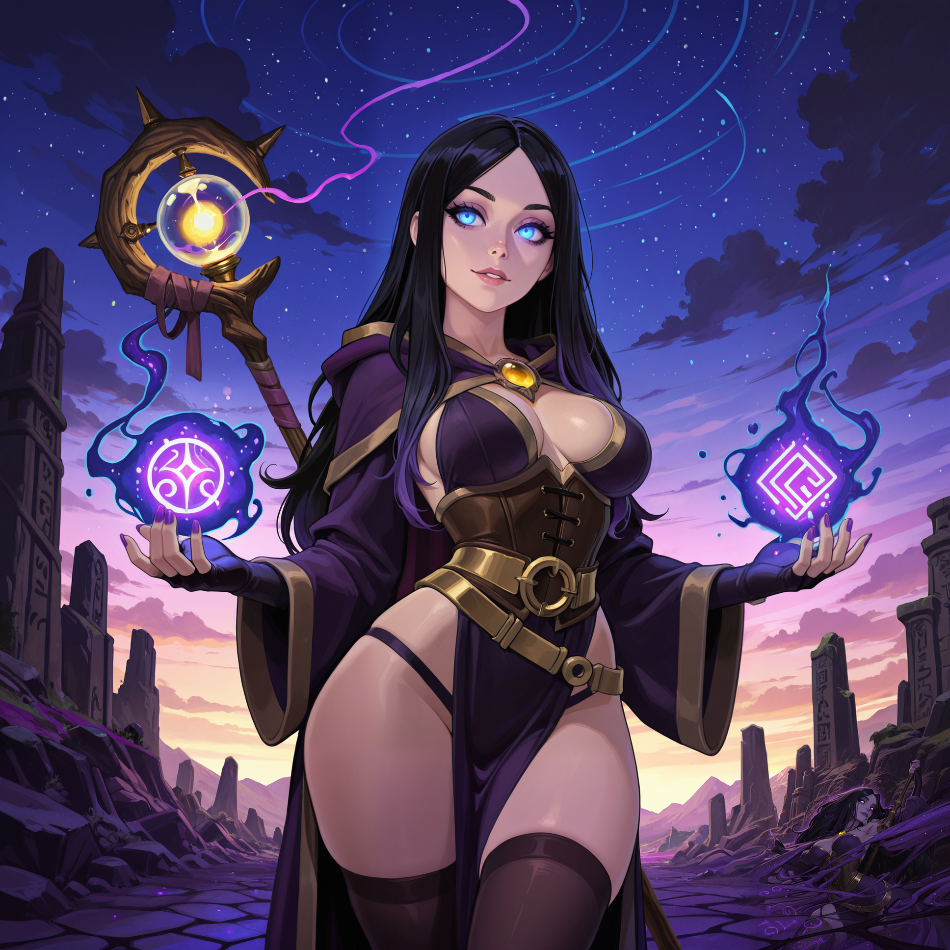 2d, very awa, absurdres,

masterpiece, best quality, highres,

eye contact:1.15, facing viewer:1.25, cowboy shot, pinup pose,

BREAK

1girl, solo, female mage, sorceress, caucasian, {brown hair|blonde hair|black hair|ginger hair}, ((thick bangs)), ((long layered hair, parted bangs)), glowing violet eyes, long eyelashes, soft round face, elegant features,

slender curvy figure, medium breasts, small waist, wide hips, hourglass silhouette, graceful posture, magical aura surrounding hands, subtle skindentation,

BREAK

deep purple and gold-trimmed robe with high slit, revealing enchanted corset, thigh-high stockings with arcane glyphs, golden belt with gemstone center, sheer cape flowing behind, fingerless gloves glowing with spell runes, staff strapped to back,

BREAK

detailed background, detailed scenery, outdoors, mystical mountain ruins under a twilight sky, glowing magical symbols on stone structures, swirling arcane energy in the air.