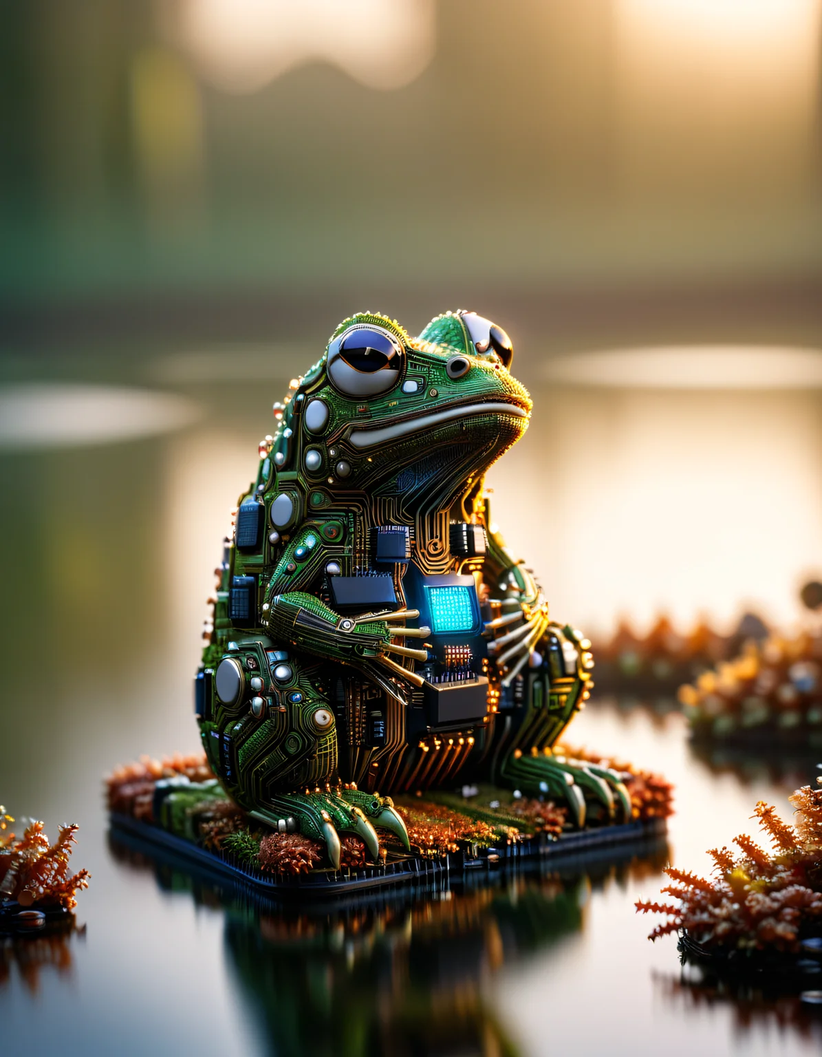 a frog sitting at a pond, only the frog made of ral-semiconductor, haze lighting, sunset, autumn, 4k, uhd, masterpiece