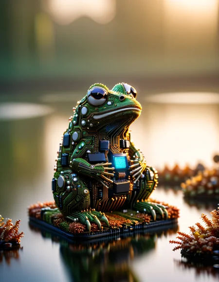 a frog sitting at a pond, only the frog made of ral-semiconductor, haze lighting, sunset, autumn, 4k, uhd, masterpiece