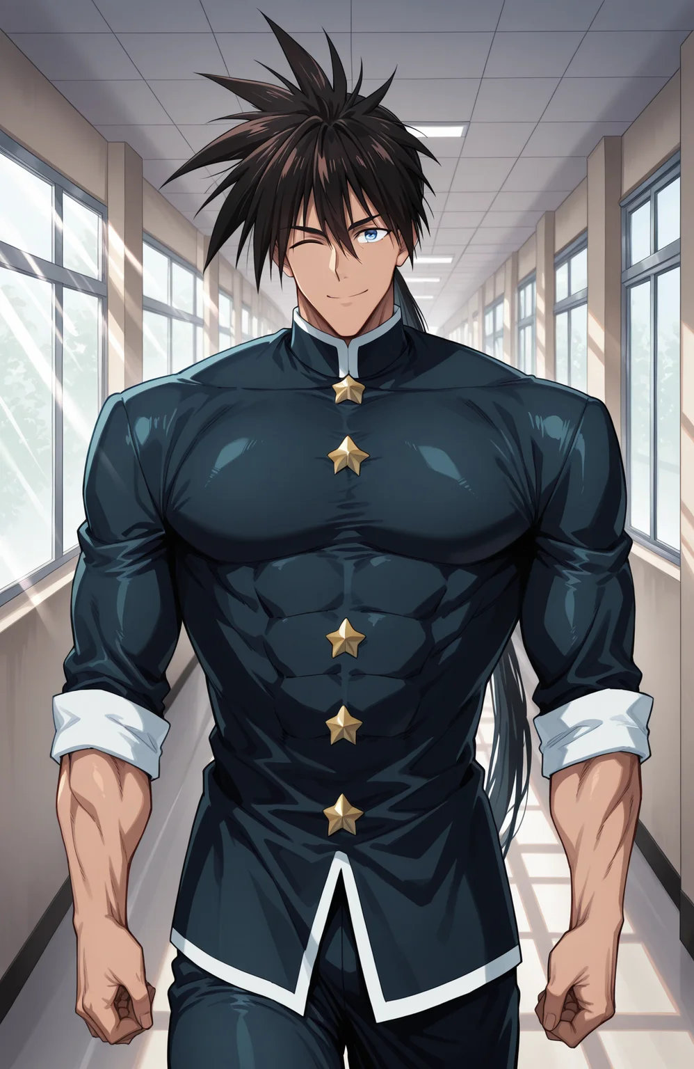 <lora:[Char - IL] One-Punch Man - Suiryu (R2E14):1.0> opm_suiryu, very long hair, 
muscular male,
cowboy shot,
skin tight, gakuran, ponytail,
looking at viewer, closed mouth, happy, wink,
school hallway, sunbeam, window, vanishing point,