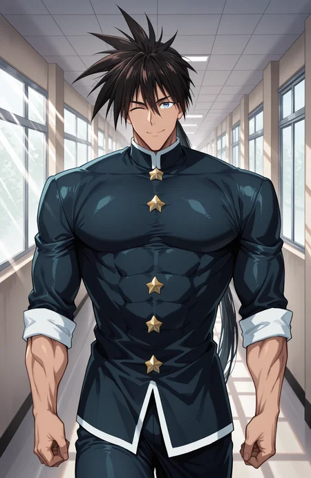 <lora:[Char - IL] One-Punch Man - Suiryu (R2E14):1.0> opm_suiryu, very long hair, 
muscular male,
cowboy shot,
skin tight, gakuran, ponytail,
looking at viewer, closed mouth, happy, wink,
school hallway, sunbeam, window, vanishing point,
