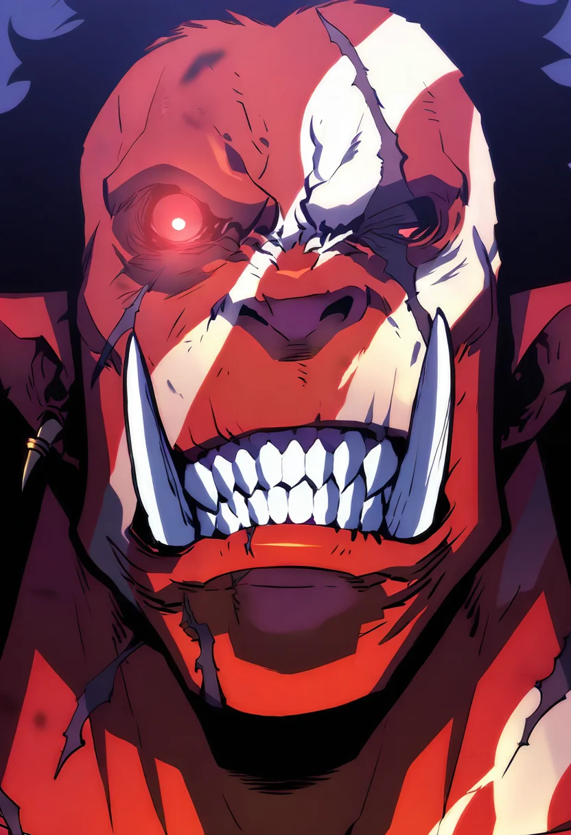8K, depth of field, focused subject, best quality, <lora:solo_leveling_by_readandsign_fin-000014:1>,
rf64u, high orc, monster, solo, looking at viewer, black hair, red eyes, jewelry, male focus, earrings, horns, teeth, pointy ears, glowing, colored skin, heterochromia, fangs, blue background, scar, piercing, sharp teeth, clenched teeth, messy hair, portrait, glowing eyes, angry, scar on face, close-up, colored sclera, glowing eye, red skin