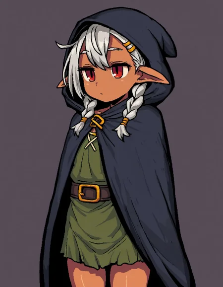 masterpiece, best quality, amazing quality, very aesthetic, high resolution, <lora:lonarpg_style_v2_illustrious_epoch_7:0.9>, jaggy lines, pixel,
lonarpg, 1girl, solo, dark-skinned female, pointy ears, dark skin, braid, elf, red eyes, hair ornament, twin braids, dark elf, cape, hairclip, cloak, cowboy shot, closed mouth, hood, white background,