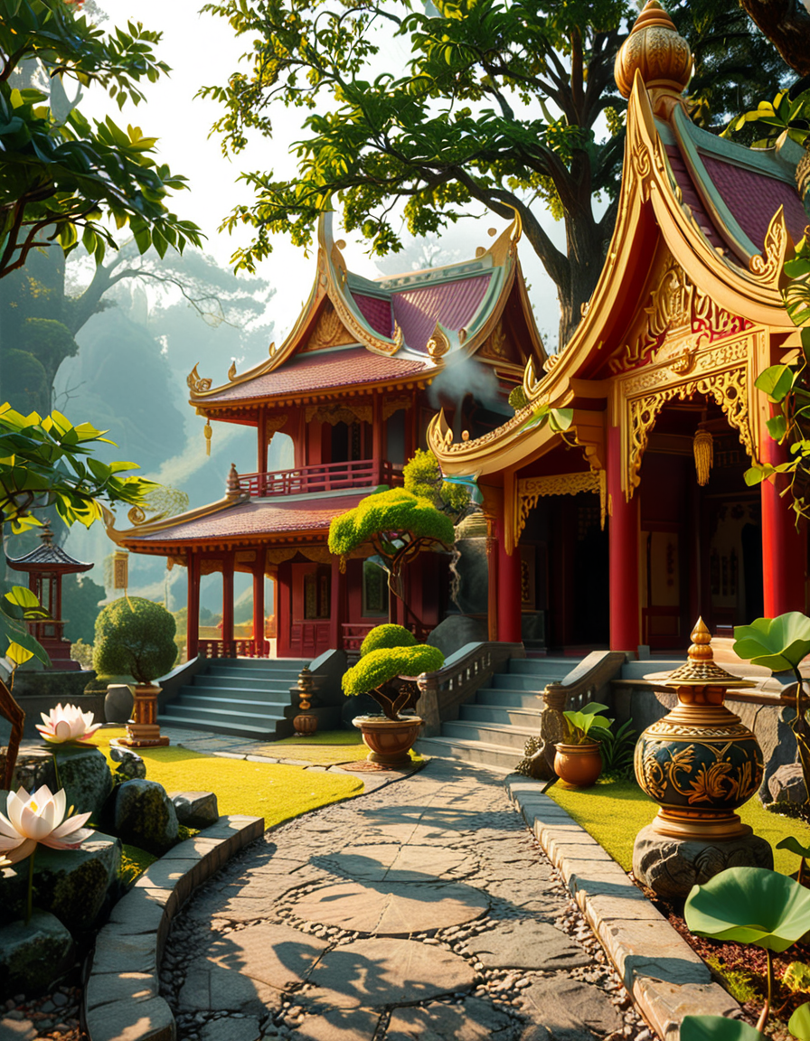 A majestic Buddhist temple nestled in a lush, misty mountain landscape. The temple features traditional curved rooftops with golden ornaments, intricate wooden carvings, and red and gold-painted walls. Large prayer flags in vibrant colors flutter in the wind, adding a spiritual atmosphere. A long stone staircase, partially covered in moss, leads to the main entrance, where a pair of large guardian statues stand watch. The scene is bathed in soft morning light, with gentle rays filtering through the mist, creating a serene and mystical ambiance. The background consists of towering green mountains and a sky with soft pastel hues. In the foreground, a Buddhist monk in deep orange robes walks peacefully along a stone pathway, holding a string of prayer beads. The overall composition conveys a sense of tranquility, spirituality, and harmony with nature.
<lora:SDXLFaeTastic2400:0.4> <lora:extremely_detailed:0.4> extremely detailed,<lora:Buddhist_t3mpl3:1>,Buddhist t3mpl3, Masterpiece,best quality,hi res,8k,hi res,8k,award winning,(sharp focus, intricate, highly detailed),