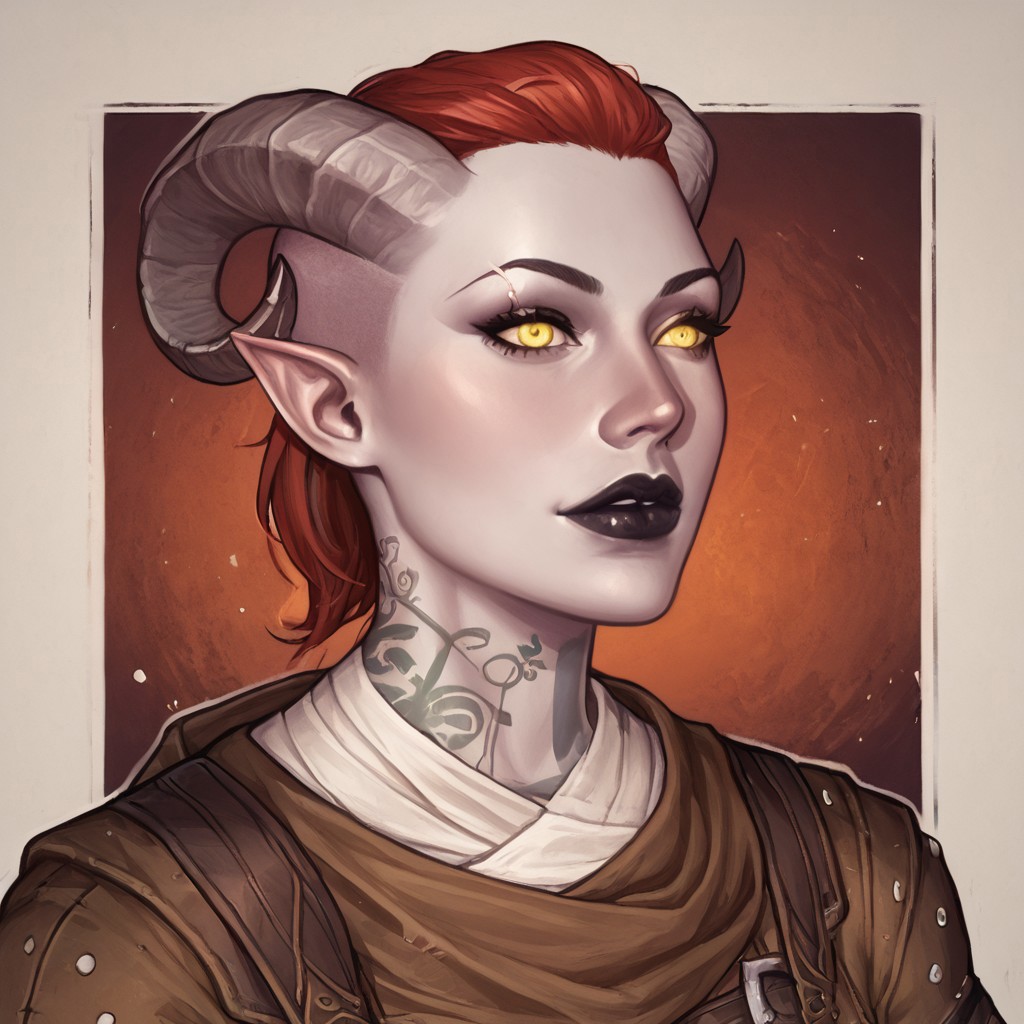 (((beautiful, high quality, perfect eyes, comics style, semi-realistic, perfect hands, detailed face))), score_9, score_8_up, score_7_up, BREAK solo, 1girl, 33y woman, (Tiefling, pointed ears, curved horns), ((pale gray skin:1.1)), ((hooked nose)), muscular, tattoos, fiery red hair, medium hair, unruly shaved side, Black lips, eyeshadows, yellow eyes, (flirting), BREAK a rogue wearing black torn coat, multiple belts, bandages, backpack, hood up, scarf, fantasy background, medieval inn, easynegative, JIM EIDOMODE, Dungeons and Dragons 5th edition style illustration
