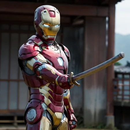 A iron man holds a katana. <lora:Ichimonji:0.8>