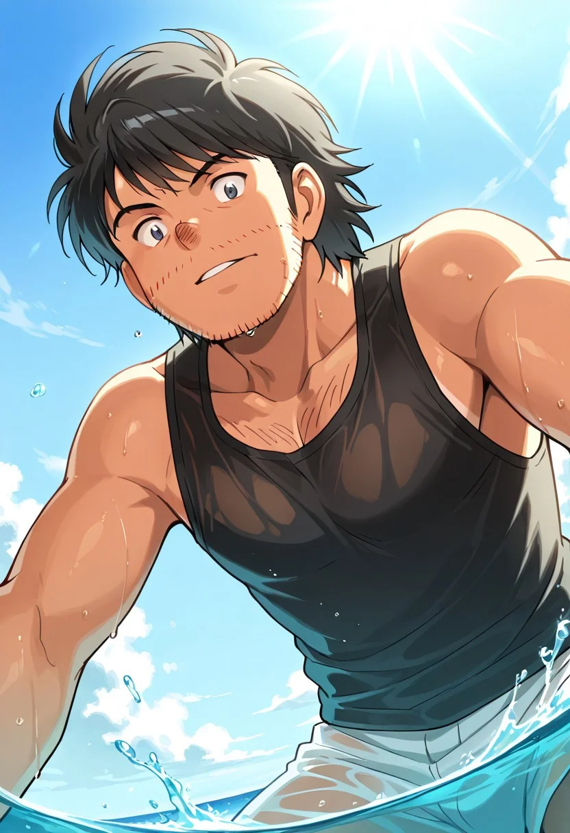 score_9, score_8_up, score_7_up, source_anime, rating_questionable, day, natural lighting, summer theme, water, water droplet, water splash, ocean horizon, male focus, leaning forward, looking down at viewer, surprised, (( <lora:kira_kozo:1> , kira_kozo, piercing dark grey eyes, clear eyes, friendly eyes, wrinkle under eyes, short chubby body, slightly chubby face, fat but strong male, disgusting hairy male, round alcoholic nose, very lightly tanned skin, messy short black hair, messy short bangs, short stubble beard, creepy male, uncharismatic male, )) , constricted pupils, parted lips, summer clothes, wet clothes, black tank top, 1man, blurry outdoors, scenery, from below, dutch angle, intricately detailed illustration, atmospheric perspective, depth of field