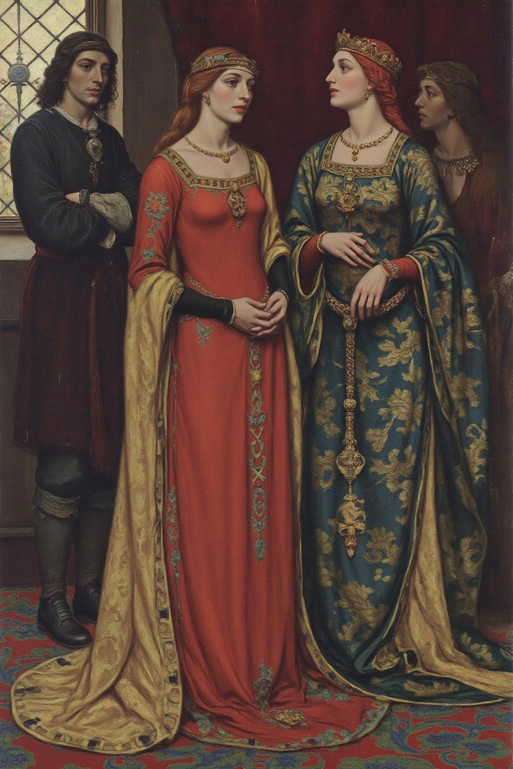 hopy1 illustration.
A man and two women in a medieval setting. The central figure is a woman dressed in a flowing, ornate gown with a vibrant, rich red bodice and a long, flowing skirt. She is turning her head looking to the side. <lora:hopy1_cap_d6a3e12:1.0><lora:826166758152008304:0>
