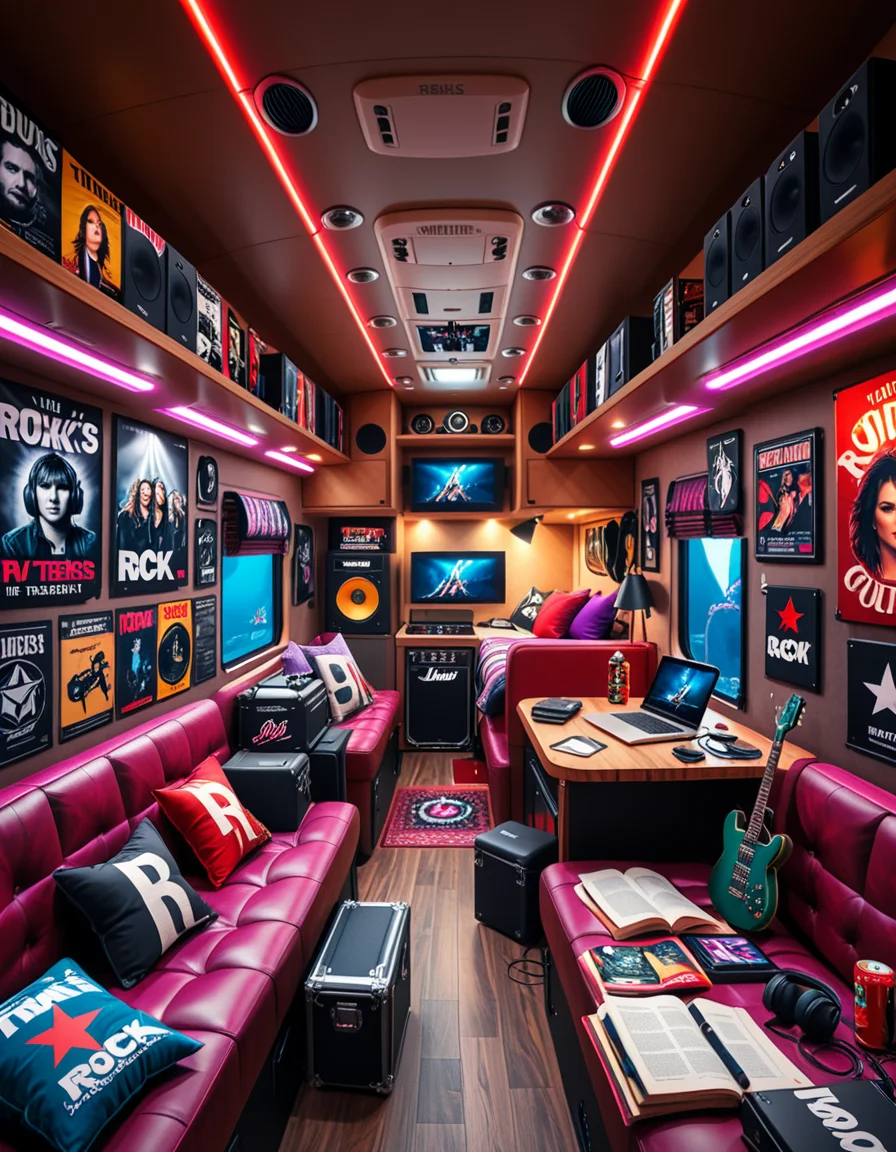 The interior of a modern RV customized for a rock band on tour. The space is stylish and lived-in, filled with musical gear like guitar cases, amps, and a drum pad. Posters of famous rock bands and tour memorabilia cover the walls. There are leather couches, a small kitchenette with snacks and energy drinks, and a cluttered table with laptops, cables, and setlists. A narrow hallway leads to sleeping bunks with personal items like headphones, books, and clothes tossed around. The lighting is warm with LED strips in red and purple tones, giving it a cozy but edgy atmosphere. A small TV displays concert footage, and speakers are mounted on the ceiling. The whole scene feels energetic, artistic, and chaotic in a creative way. Realistic style, rich colors, and highly detailed environment.
<lora:SDXLFaeTastic2400:0.4> <lora:extremely_detailed:0.4> extremely detailed <lora:r0ck_b4nd_rv:1>r0ck b4nd rv, Masterpiece,best quality,hi res,8k,hi res,8k,award winning,(sharp focus, intricate, highly detailed),