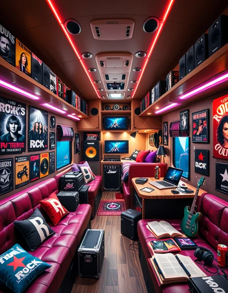 The interior of a modern RV customized for a rock band on tour. The space is stylish and lived-in, filled with musical gear like guitar cases, amps, and a drum pad. Posters of famous rock bands and tour memorabilia cover the walls. There are leather couches, a small kitchenette with snacks and energy drinks, and a cluttered table with laptops, cables, and setlists. A narrow hallway leads to sleeping bunks with personal items like headphones, books, and clothes tossed around. The lighting is warm with LED strips in red and purple tones, giving it a cozy but edgy atmosphere. A small TV displays concert footage, and speakers are mounted on the ceiling. The whole scene feels energetic, artistic, and chaotic in a creative way. Realistic style, rich colors, and highly detailed environment.
<lora:SDXLFaeTastic2400:0.4> <lora:extremely_detailed:0.4> extremely detailed <lora:r0ck_b4nd_rv:1>r0ck b4nd rv, Masterpiece,best quality,hi res,8k,hi res,8k,award winning,(sharp focus, intricate, highly detailed),