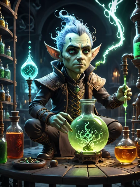 breathtaking breathtaking illustration in the style of gris grimly and clive barker and lars grant-west,sparks fear and imagination in the viewer,masterpiece,intricately detailed,a halfling chemist in his lab brewing magic potions and poisons, Ultra-HD-details, glow effects, godrays, Hand drawn, render, 8k, octane render, cinema 4d, blender, dark, atmospheric 4k ultra detailed, cinematic, Sharp focus, big depth of field, Masterpiece, colors, 3d octane render, 4k, concept art, trending on artstation, hyperrealistic, Vivid colors, extremely detailed CG unity 8k wallpaper, trending on CGSociety, Intricate, High Detail, dramatic . award-winning, professional, highly detailed