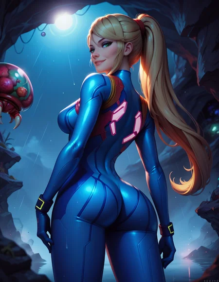 score_9, score_8_up, score_7_up,score_6_up, score_5_up, score_4_up ,1girl, solo, 
large breasts, 
SamusDGzero,
zero suit, blue bodysuit, gloves,
blonde hair,very long hair, ponytail, blue eyes, green eyes, 
 science fiction, rain, metroid \(creature\), galaxy, cave, night, dim lighting, 
mature female, 
fog, 
half closed eyes,smile,
from behind, ass, from below, looking back, 
 <lora:Samus DALL E 3  PonyXL-000003:1>