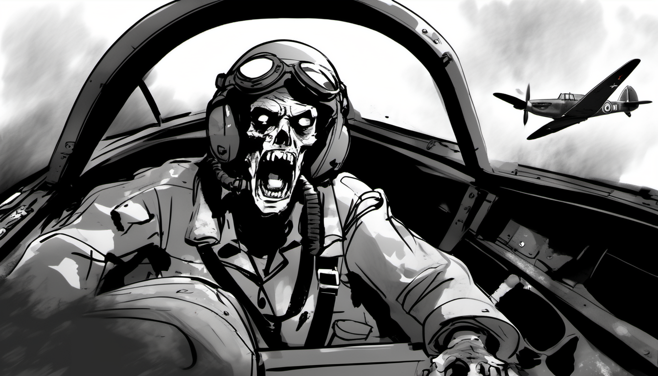 <lora:storyboard sketch:0.5>storyboard sketch of a WWII horrific furious yelling rotting zombie pilot in the cockpit of a spitfire, action shot, closeup, dogfight, splattered, skull