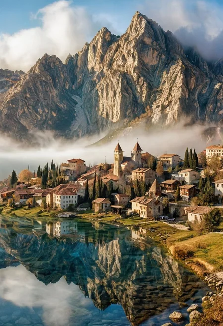 their peaks veiled in mist. mixed media, surrealism, great lighting, A surreal landscape highly detailed . extremely high-resolution details, appears trapped in an optical illusion of reflections and refractions colorful , mountains and village in Turkey, professional photography, natural lighting, volumetric lighting maximalist. intricately detailed, complex, elegant, expansive, fantastical, film photography style, medium grain